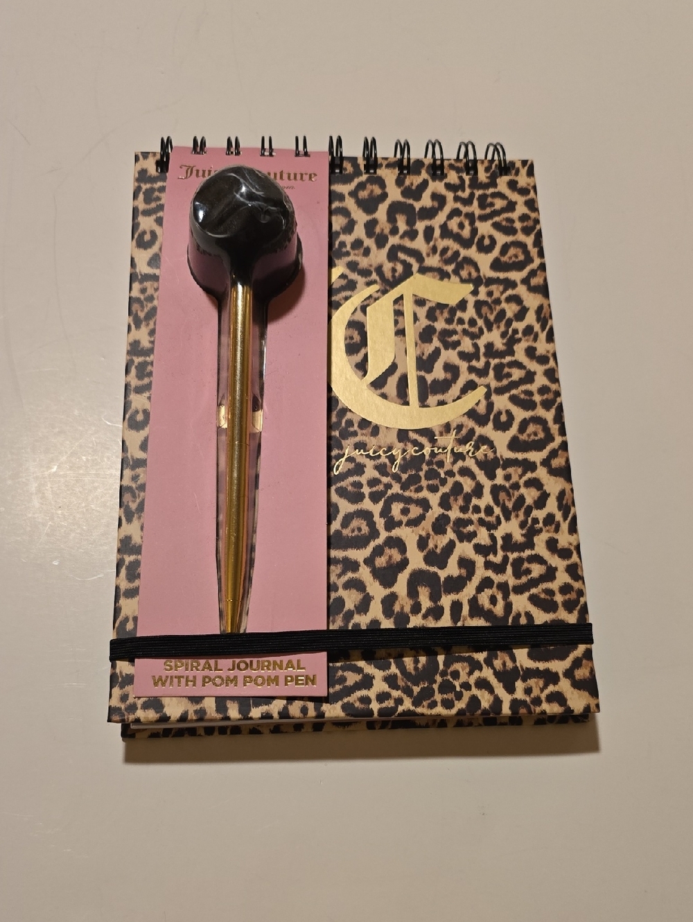 Juicy Couture Leopard Print Journal with Gold Logo and Black Pom Pom Pen